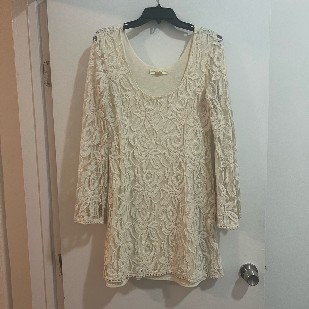 Ethereal Off White Lace Overlay Bell Sleeve Dress